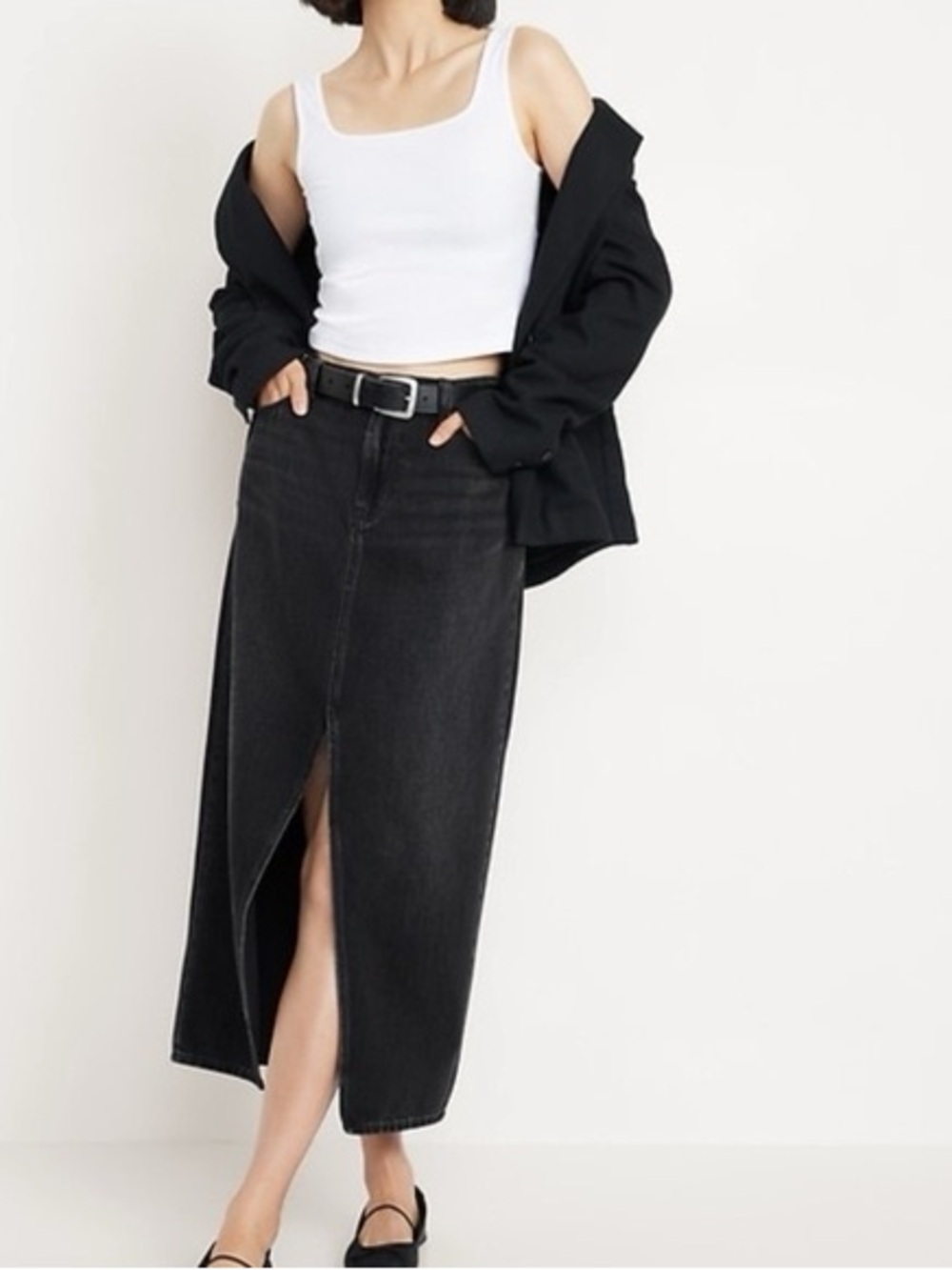 Universal Thread black denim high-waisted midi front slit skirt size 8